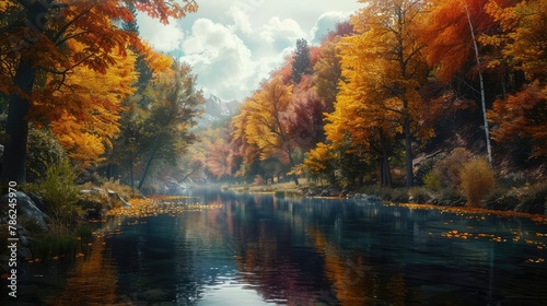 A tranquil river winding through a lush valley, flanked by towering trees adorned with vibrant autumn foliage ablaze with seasonal color. 8k, realistic, full ultra HD, high resolution, and cinematic photo