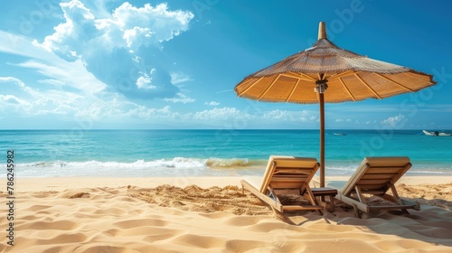 Arrange sun loungers under a beach umbrella on the sandy shore