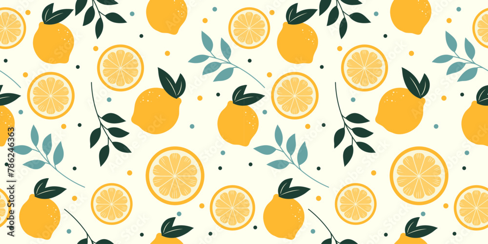 Tropical seamless pattern with yellow lemons and leaves. Cute fruit summer background. Vector bright modern print for paper, cover, fabric.