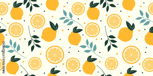 Tropical seamless pattern with yellow lemons and leaves. Cute fruit summer background. Vector bright modern print for paper, cover, fabric.