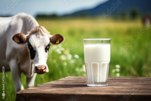 Fresh cow milk in glass on wooden tabletop and blurred landscape with cow on meadow. Healthy eating. Space for design dairy organic products. International Milk Day.