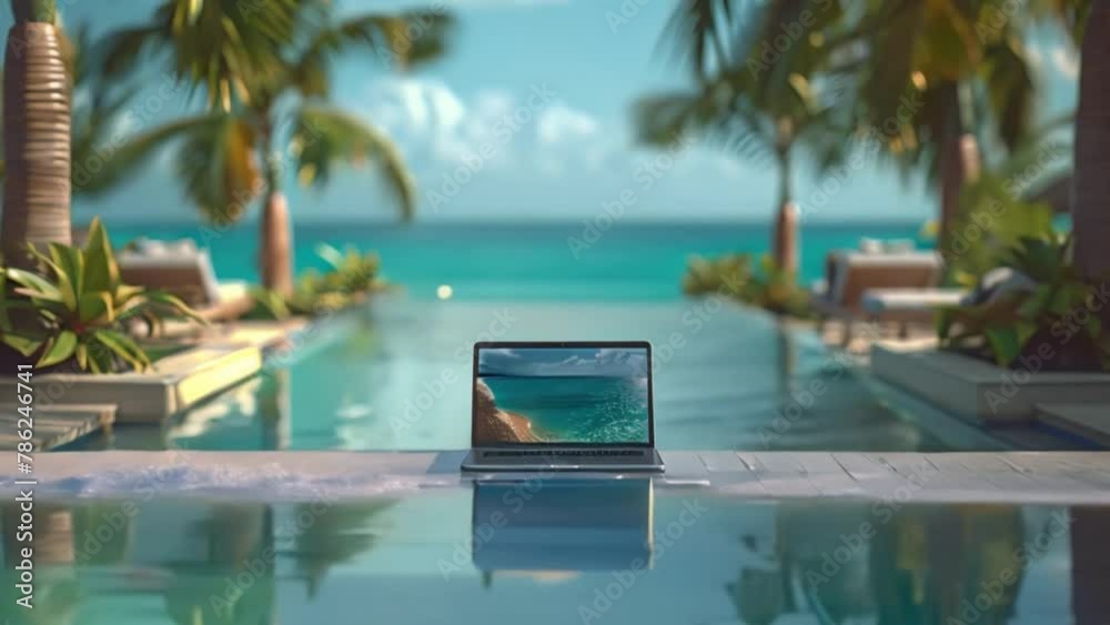Tropical Poolside With Reflective Laptop Screen