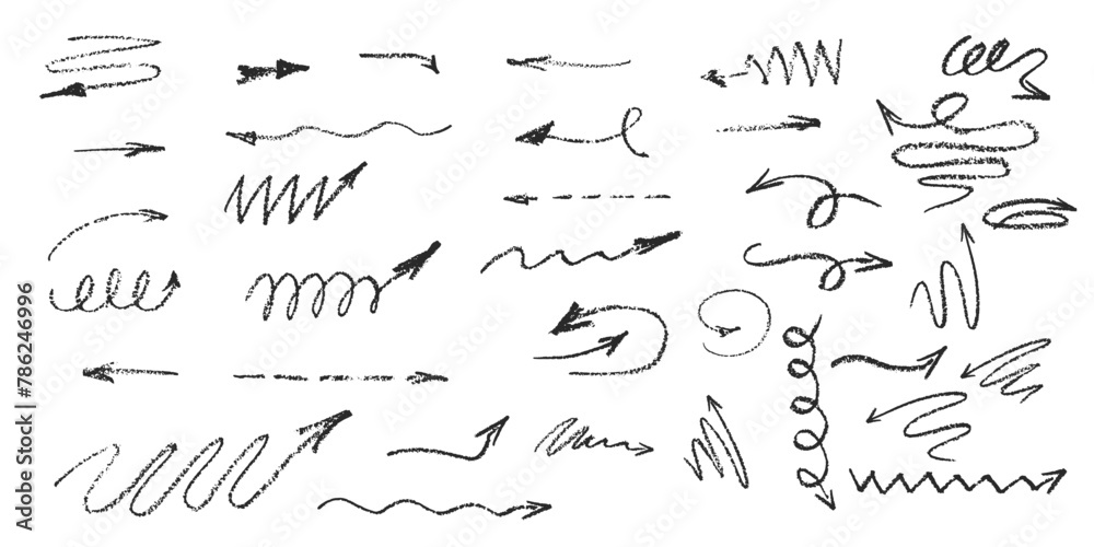 Charcoal pencil hand drawing curly arrows. Swishes, swashes, swoops, swooshes, scribbles and squiggles Black elements on white. Grunge chalk crayon doodles textures Crayon strokes. Vector illustration Charcoal pencil hand drawing curly arrows. Swishes, swashes, swoops, swooshes, scribbles and squiggles Black elements on white. Grunge chalk crayon doodles textures Crayon strokes. Vector illustration