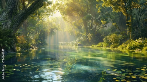 A tranquil river winding through a sun-dappled forest  with lush greenery reflecting in the crystal-clear waters beneath a canopy of towering trees.