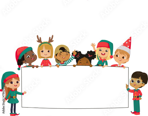 Multicultural kids Christmas Elves hold a blank board. Cute little kids on a white background show a blank poster for text entry. Inclusive education. Banner. Cartoon Vector illustration. Isolated.