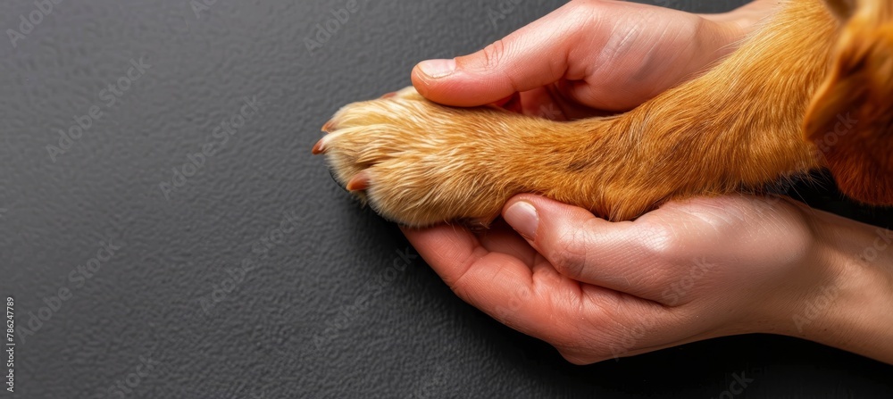 Human hand and dog paw touching, symbolizing a strong bond and friendship between human and pet Human hand and dog paw touching, symbolizing a strong bond and friendship between human and pet