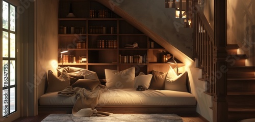 A cozy reading nook tucked beneath a staircase, with soft cushions and warm lighting. photo