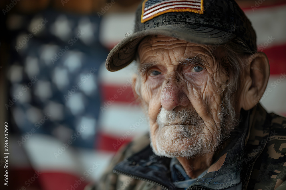An elderly veteran standing in front of the American flag, embodying patriotism and pride. An elderly veteran standing in front of the American flag, embodying patriotism and pride.