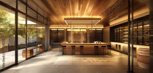A modern wine tasting room with glass walls, climate-controlled wine storage, and tasting bar.