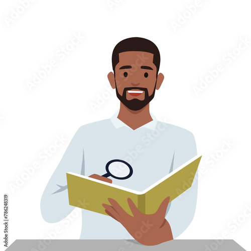 Young man reading a interesting book with magnifying glass. Flat vector illustration isolated on white background