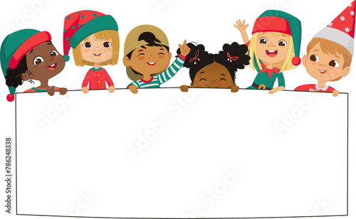 Multicultural kids hold a blank board. Cute little kids on a white background show a blank poster for text entry. Inclusive education. Banner. Cartoon Vector illustration. Isolated.