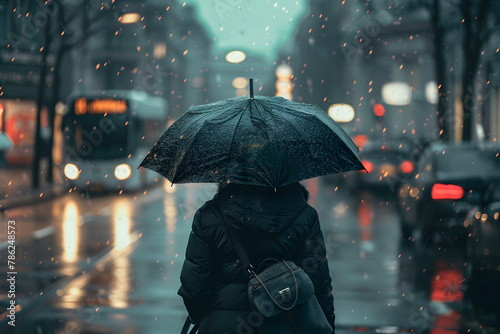 Frau, in schwarz gekleidet mit Regenschirm und Mantel läuft im Regen auf einer Straße, Herbststimmung, erstellt mit generativer KI