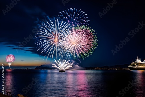 sea, ship, fireworks