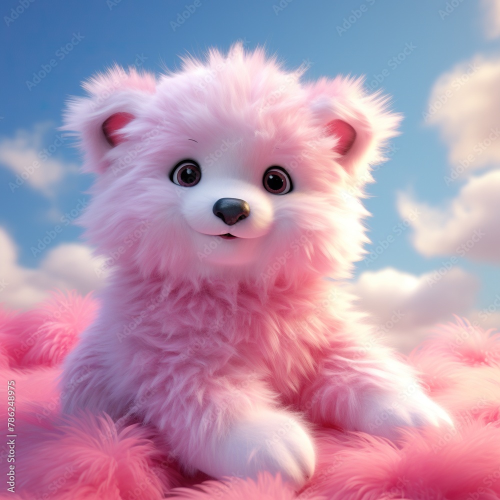 A pink stuffed animal bear is sitting on a pink blanket
