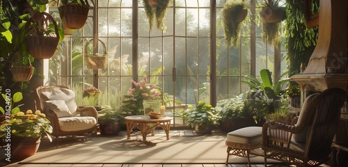 A sunlit conservatory with floor-to-ceiling windows, rattan furniture, and hanging plants.