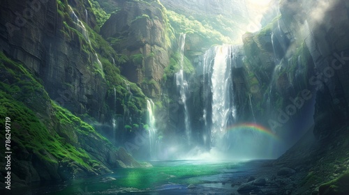 Landscape photograph showcasing the majestic beauty of a towering waterfall cascading down rugged cliffs into a crystal-clear pool below, with mist rising into the air and rainbows.