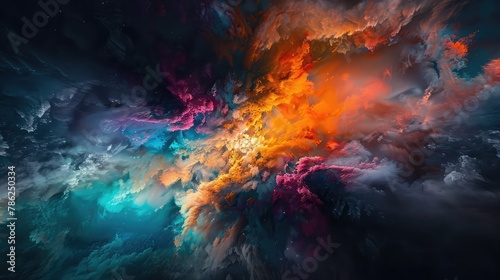 A vibrant explosion of color and energy bursting forth from the darkness, illuminating the canvas with a dazzling array of hues and tones. photo