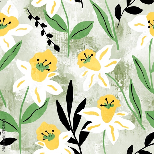 Abstract Hand Drawing Vintage Daffodil Flowers and Leaves with Old Grunge Texture Seamless Pattern Isolated Background