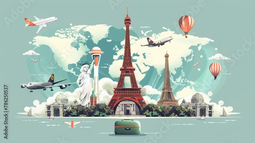 A travel concept illustration featuring a plane soaring above famous landmarks from around the world, accompanied by traveling luggage.