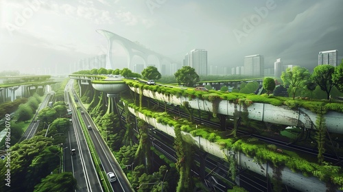 A verdant overpass merges seamlessly with a sustainable city skyline, harmonizing nature and technology.