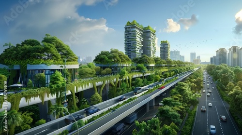 Eco-friendly infrastructure integrates seamlessly into a modern cityscape along a verdant highway route. © Tahira