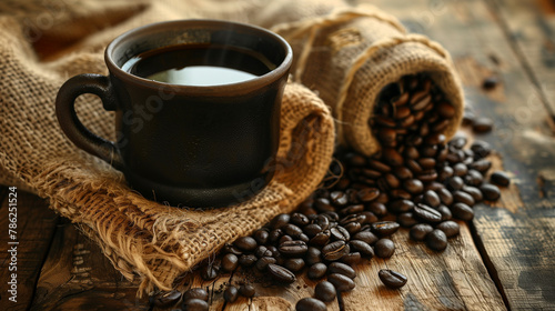 cup of coffee with beans, Black coffee and coffee beans on a wood table