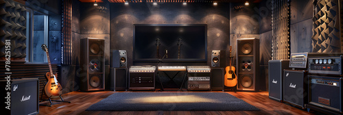 Music studio room guitars amplifier old fashion speakers recording with lightness decoration design dark  photo