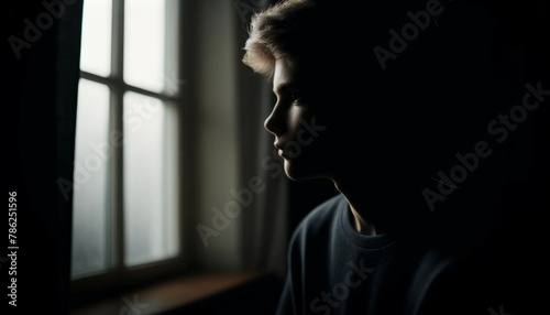 窓の外を見つめる少年の横顔 photo