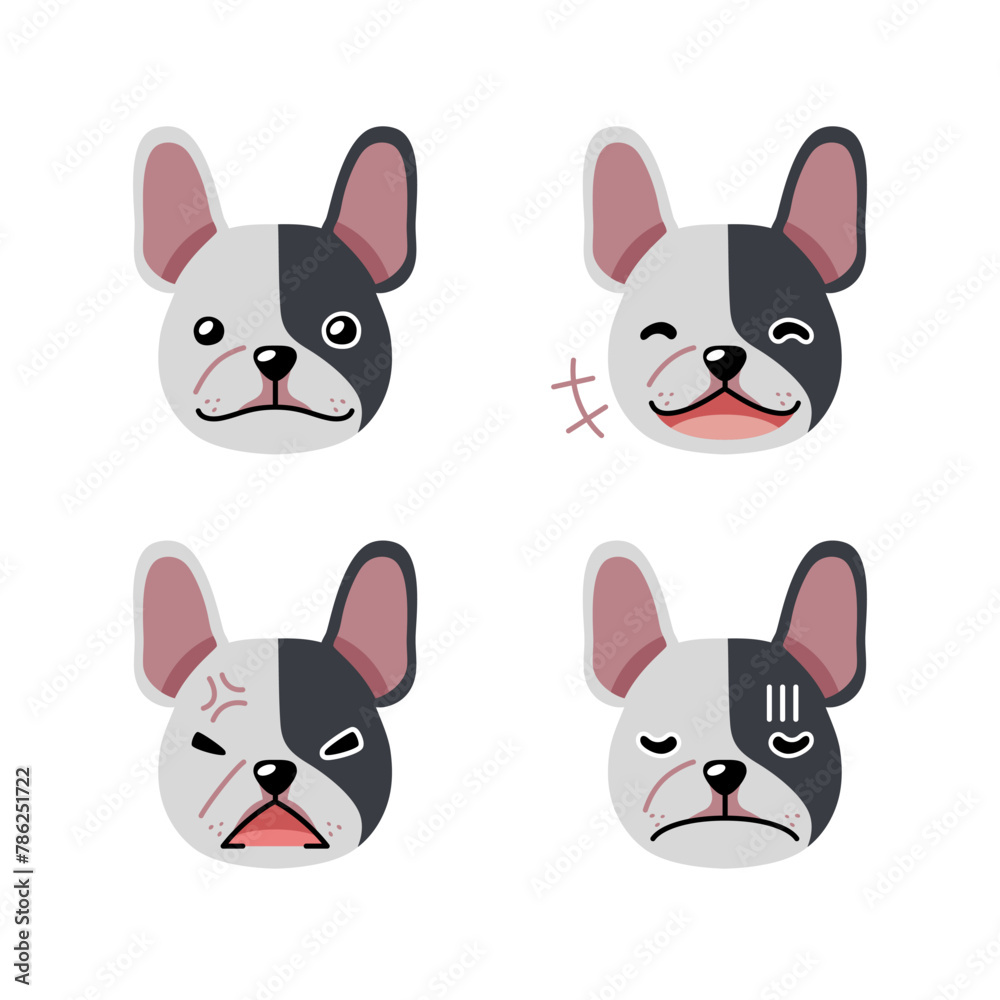 Set of cute character cute french bulldog faces showing different emotions for design.