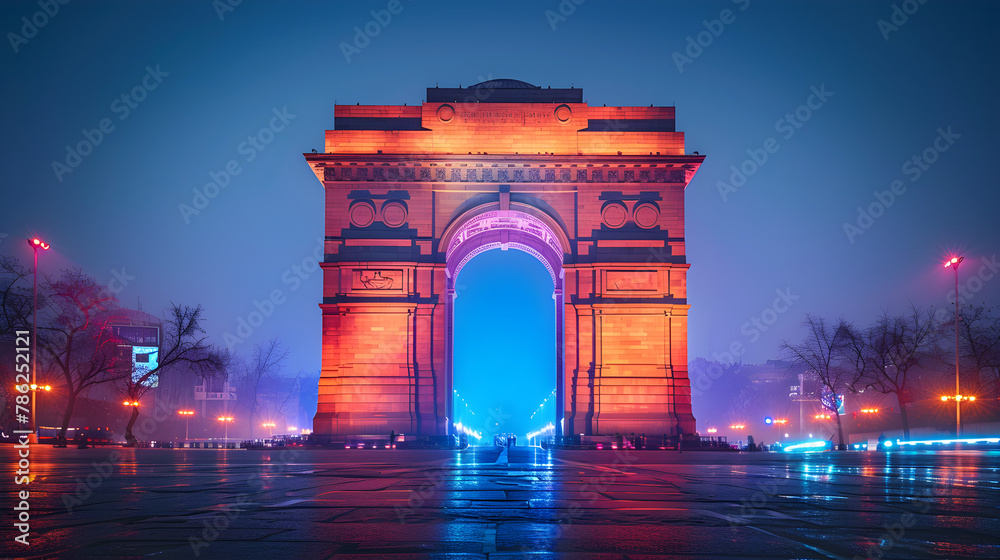India Gate at night with multicolored lights, a popular tourist destination in Delhi.