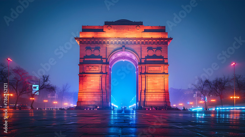 India Gate at night with multicolored lights, a popular tourist destination in Delhi. © NE97