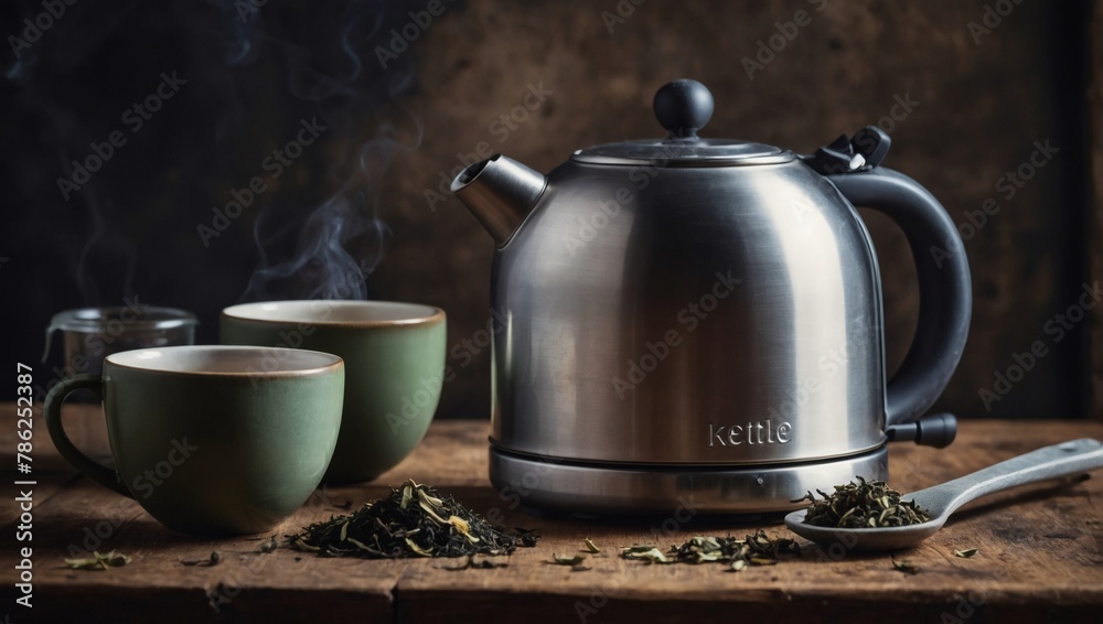 Kettle with cups, jar of loose leaf tea and tea infuser on rustic grunge background. Kettle with cups, jar of loose leaf tea and tea infuser on rustic grunge background.