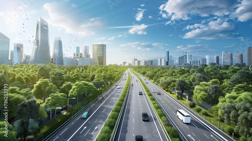 Sustainable transportation flows smoothly along a modern, tree-lined highway amidst a bustling cityscape.