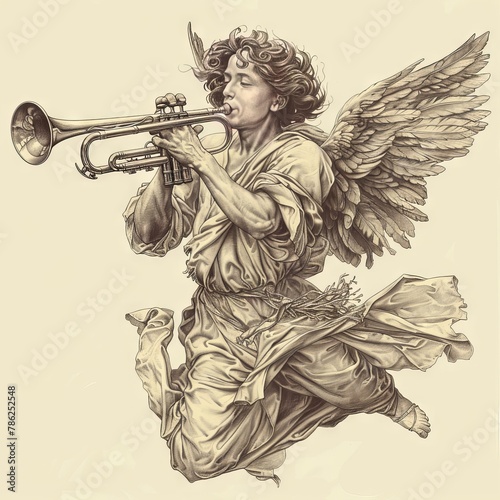 an old sketch of a Angel flying and trumpet on pipe, Sketch, Drawing, Line Art, Archaeological Illustration " ai generated "