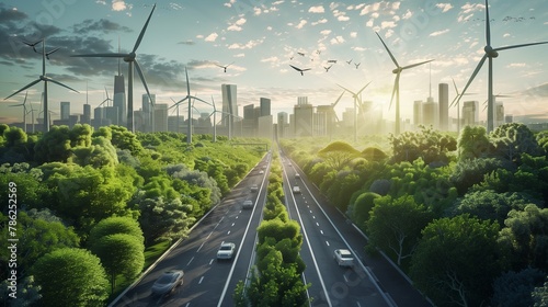 Wind turbines flank a verdant highway weaving through a metropolitan landscape, promoting sustainability.