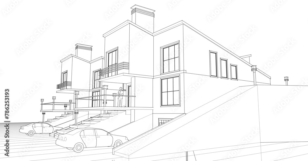 townhouse architectural sketch 3d illustration	