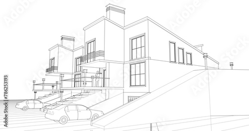 townhouse architectural sketch 3d illustration 