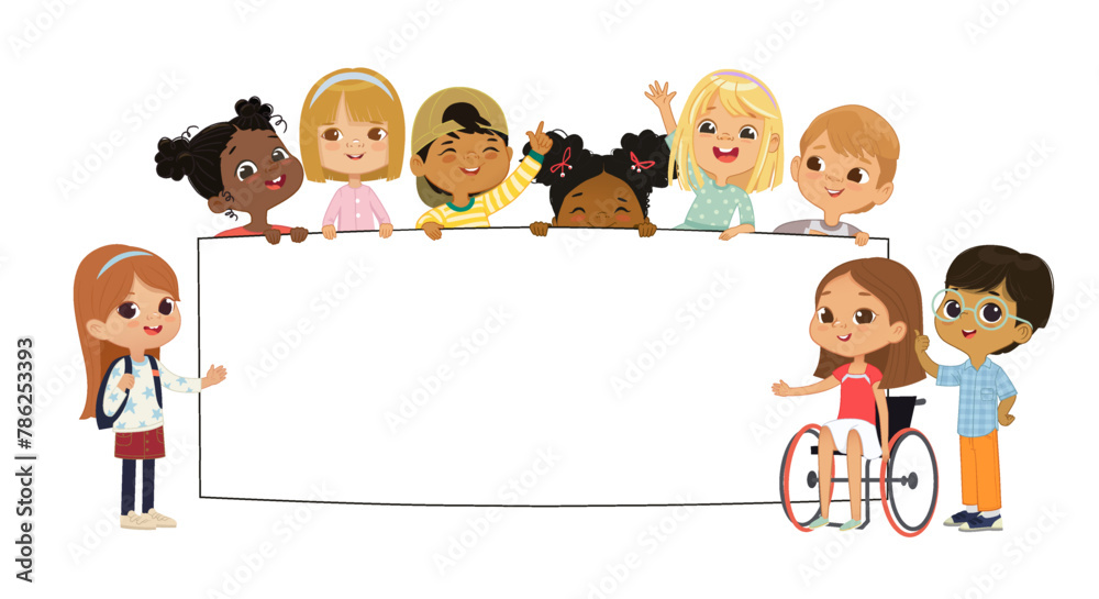 Multicultural kids hold a blank board. Cute little kids on a white background show a blank poster for text entry. Inclusive education. Banner. Cartoon Vector illustration. Isolated. Multicultural kids hold a blank board. Cute little kids on a white background show a blank poster for text entry. Inclusive education. Banner. Cartoon Vector illustration. Isolated.