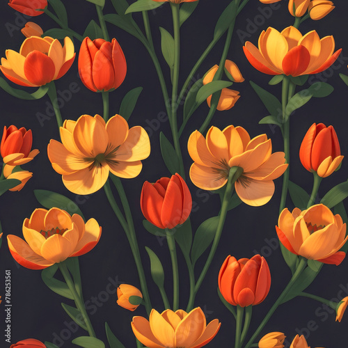 Seamless realistic tulips pattern on dark background  spring wallpaper design. Generative ai