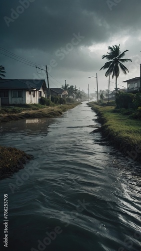 Coastline flooded with water after a tsunami