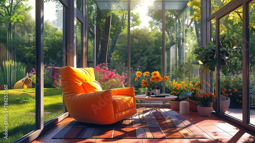 Contemporary sunroom design harmonizing with the vibrant colors of the garden. photo