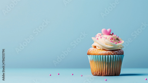 A lovely cupcake on blue background with copy space