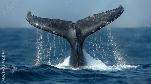 A powerful humpback whale breaches the ocean surface, its massive tail slapping the water in a stunning display of marine wildlife © Panyamethi