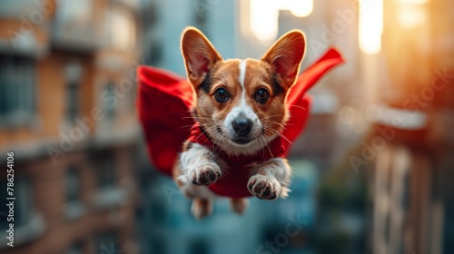 A Corgi  a working dog breed  soars through the sky wearing a red cape