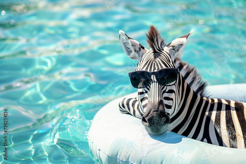 zebra in sunglasses lies on an air mattress in the sea - vacation on the beach