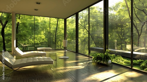Crisp lines of modern sunroom amplify the verdant allure outside.