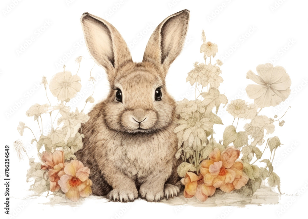 PNG Rabbit with flowers drawing sketch animal.