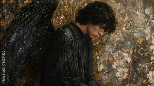 A sorrowful male angel with black wings, depicted in Adobe's artwork. Illustrates themes of melancholy and darkness, capturing emotive depth through striking visual imagery