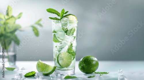 An elegant cocktail photograph featuring a refreshing mojito served in a tall glass, with sparkling clear ice cubes, muddled mint leaves, zesty lime wedges. photo