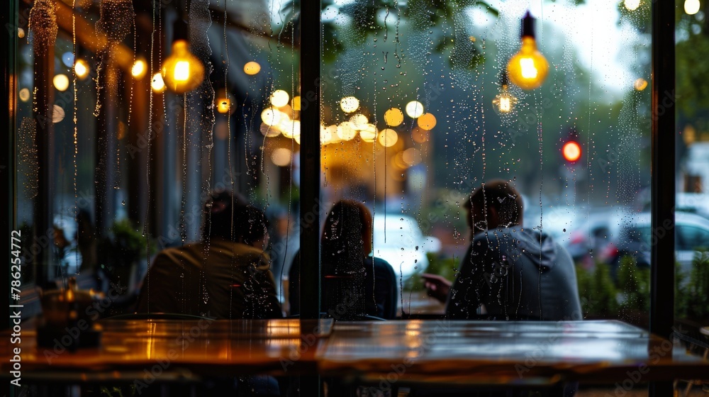 A group of friends huddled in a cozy cafe, watching the rain cascade down the windows, their conversation and warmth contrasting with the cool, wet world outside.
